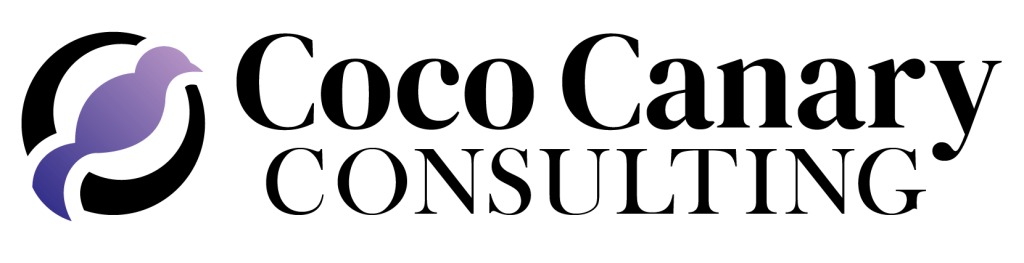 The Coco Canary Consulting Logo. The logo is an artistic rendition of a purple bird within a black circle.